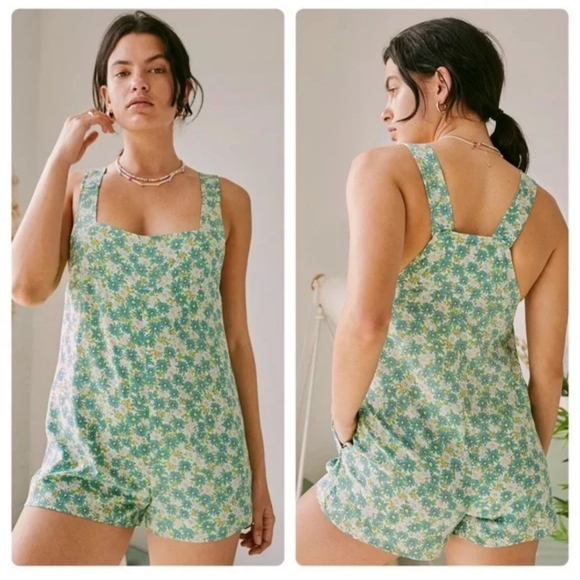 Urban Outfitters Pants - Urban Outfitters Pocket Full of Posey Romper Overalls Short Alls Floral Aqua